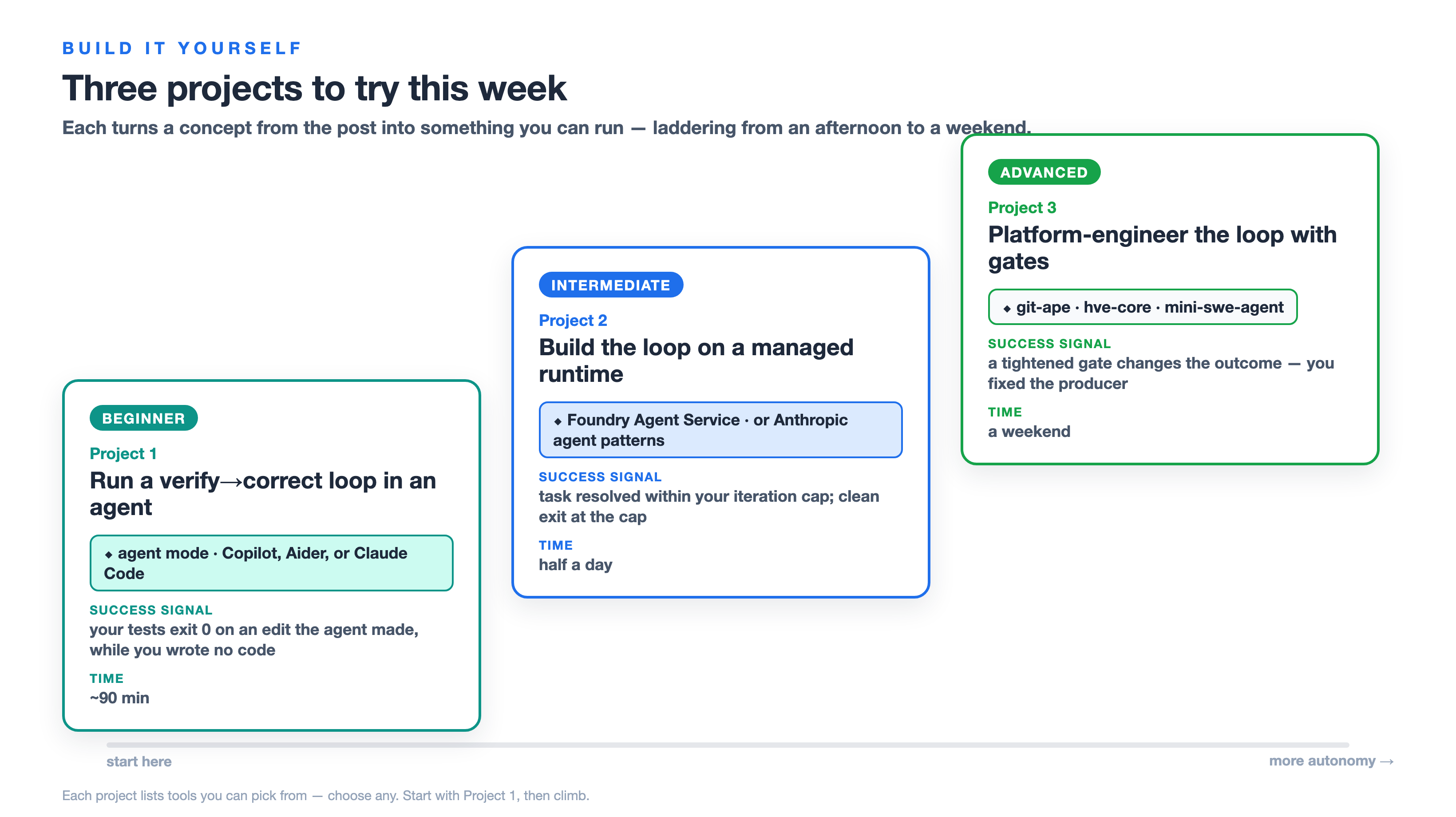 Three projects laddering from beginner to advanced: run a verify-correct loop in an agent, build the loop on a managed runtime, then platform-engineer the loop with gates